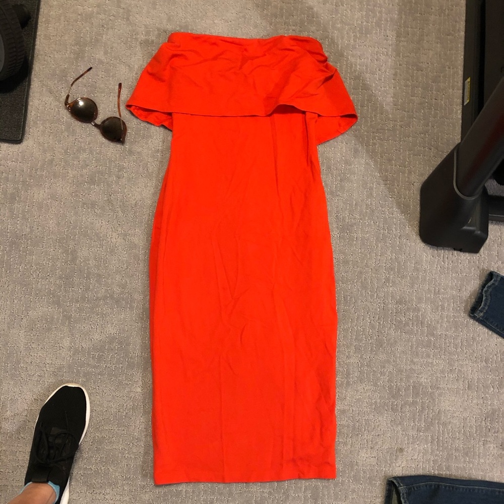 Bebe bright red/orange strapless dress.